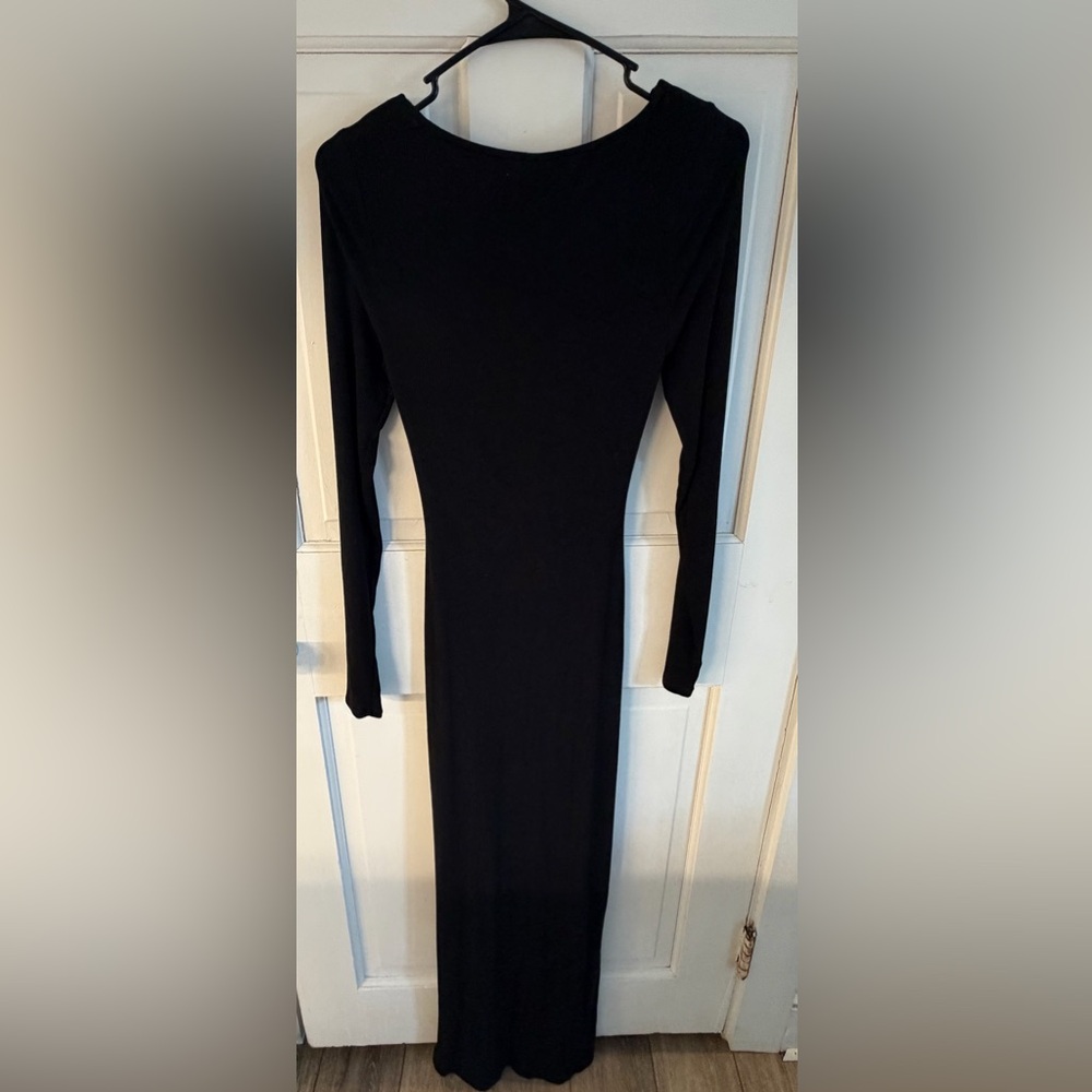 SKIMS Black Ribbed Long Sleeve Maxi Dress Size M Bodycon Stretch Minimalist